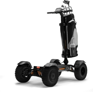 Back angle view of CycleBoard X Quad 3000 electric golf scooter with golf bag attached