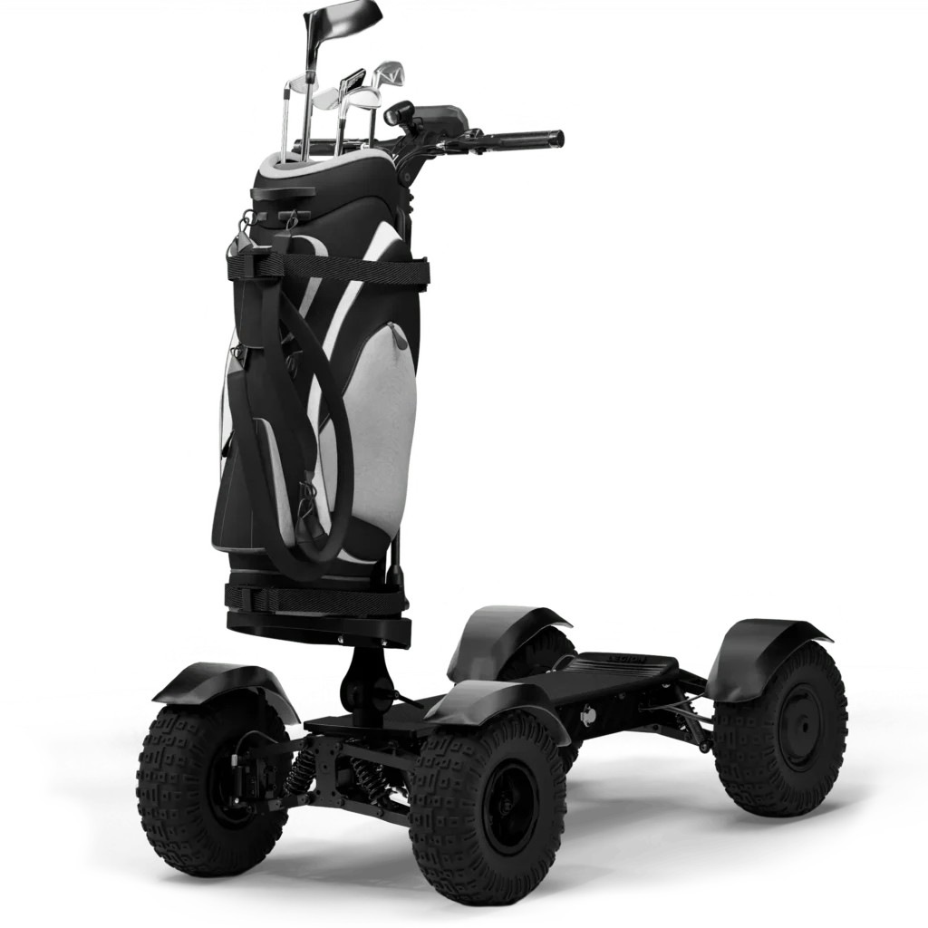 Front angle view of Stealth CycleBoard X Quad 3000 electric golf scooter with golf bag mount