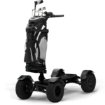 Front angle view of Stealth CycleBoard X Quad 3000 electric golf scooter with golf bag mount