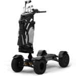 Front angle view of Gray CycleBoard X Quad 3000 electric golf scooter with golf bag mount