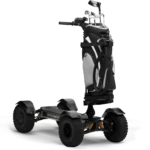 Front angle view of Gray CycleBoard X Quad 3000 electric golf scooter with golf bag mount