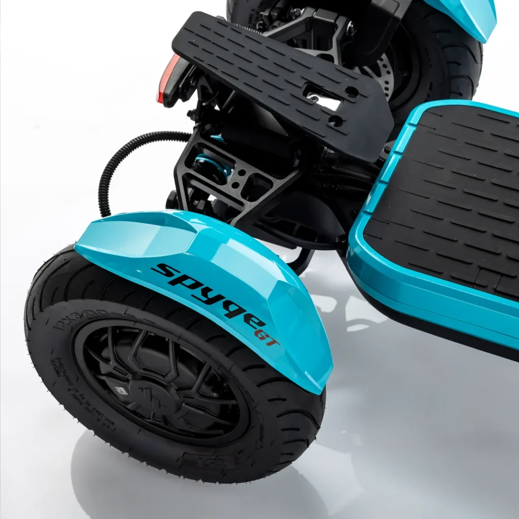 Close view of MIA SPYQE GT electric scooter rear wheel and platform showing strong build and wide tires