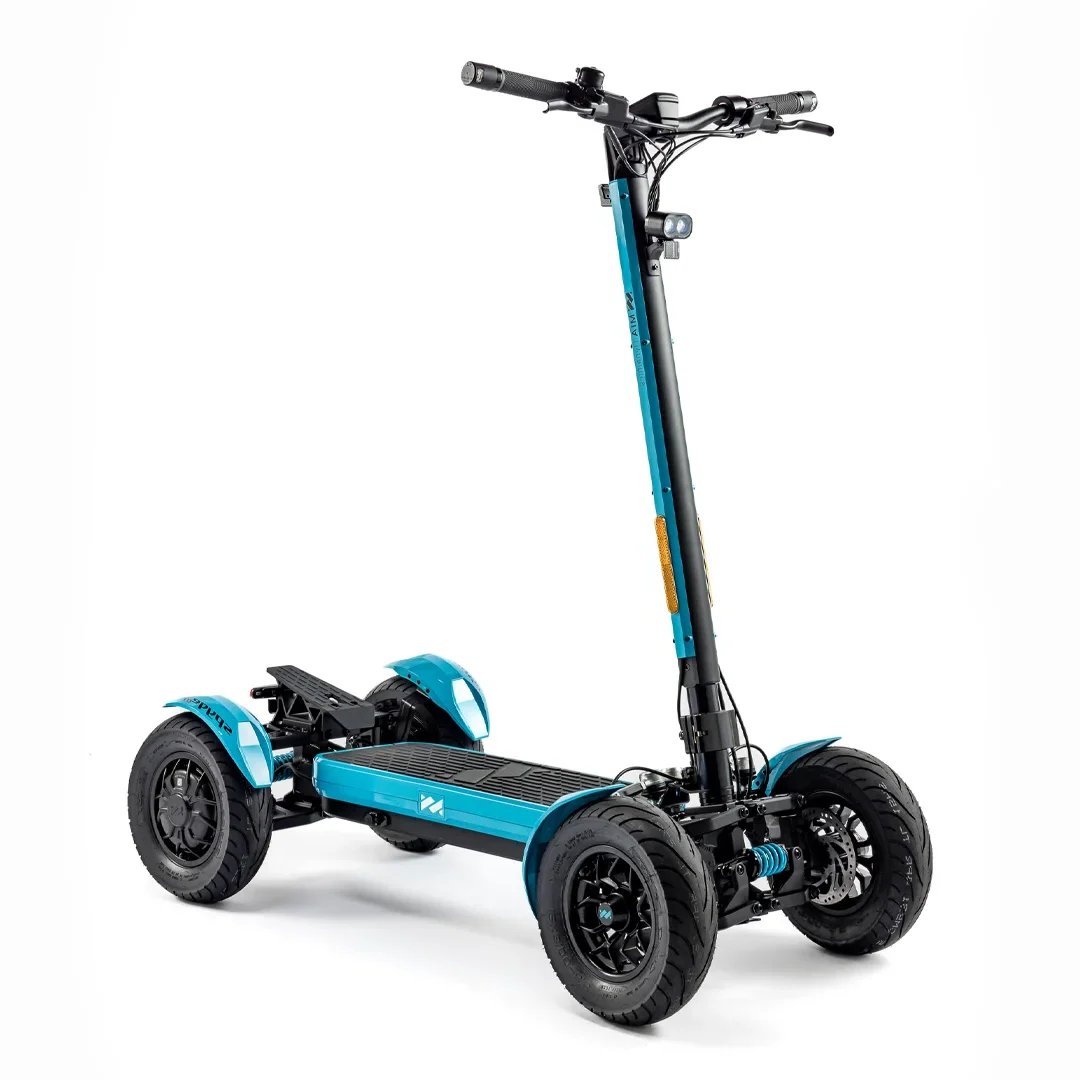 Blue MIA SPYQE GT 2x4 electric scooter showing strong frame wide tires and dual motor power