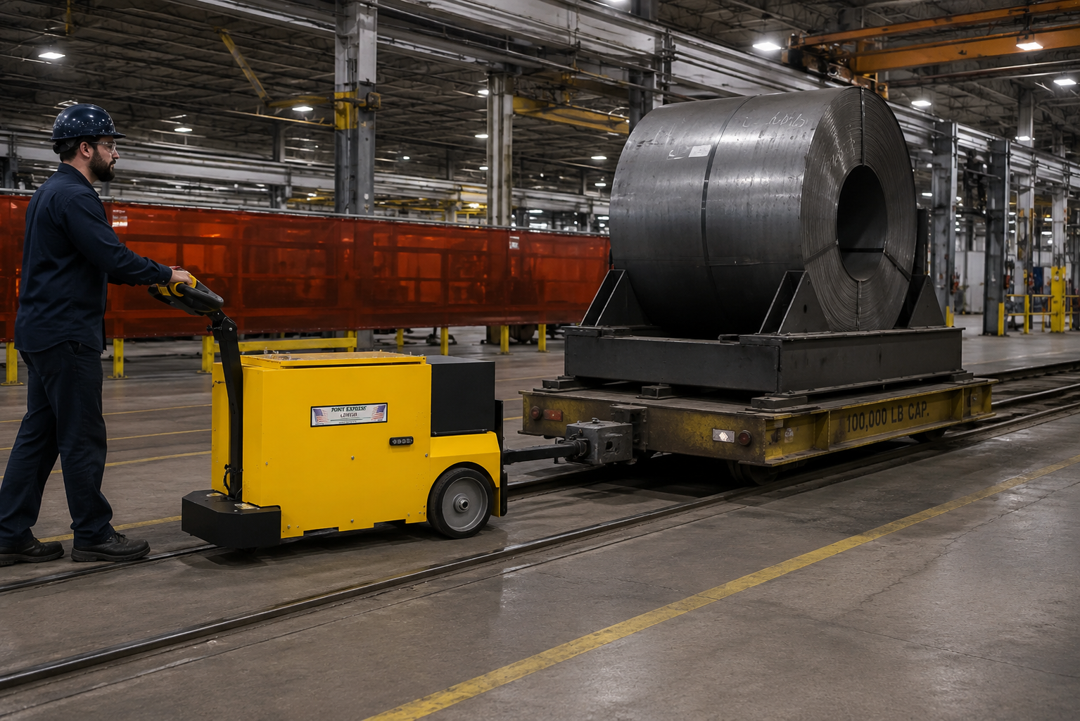 Pony Express AC Tugger 25K plus moving a heavy rail-mounted industrial load