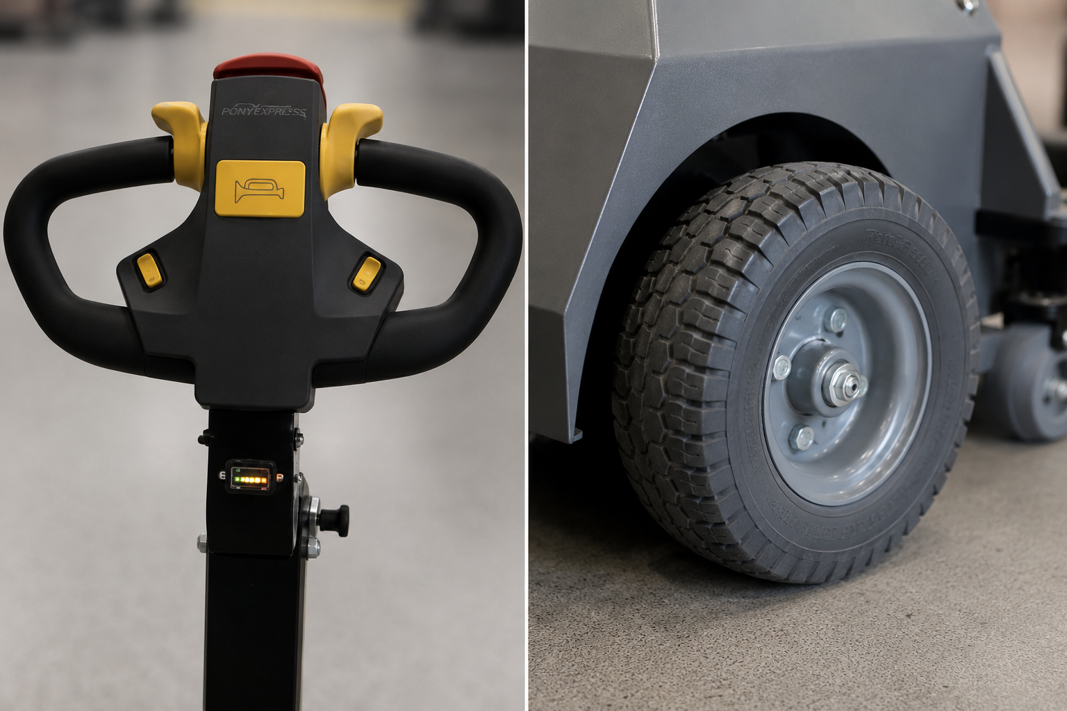 Detail close-up of the Pony Express 1065 ergonomic handle, control panel, and foam-filled puncture-proof tire