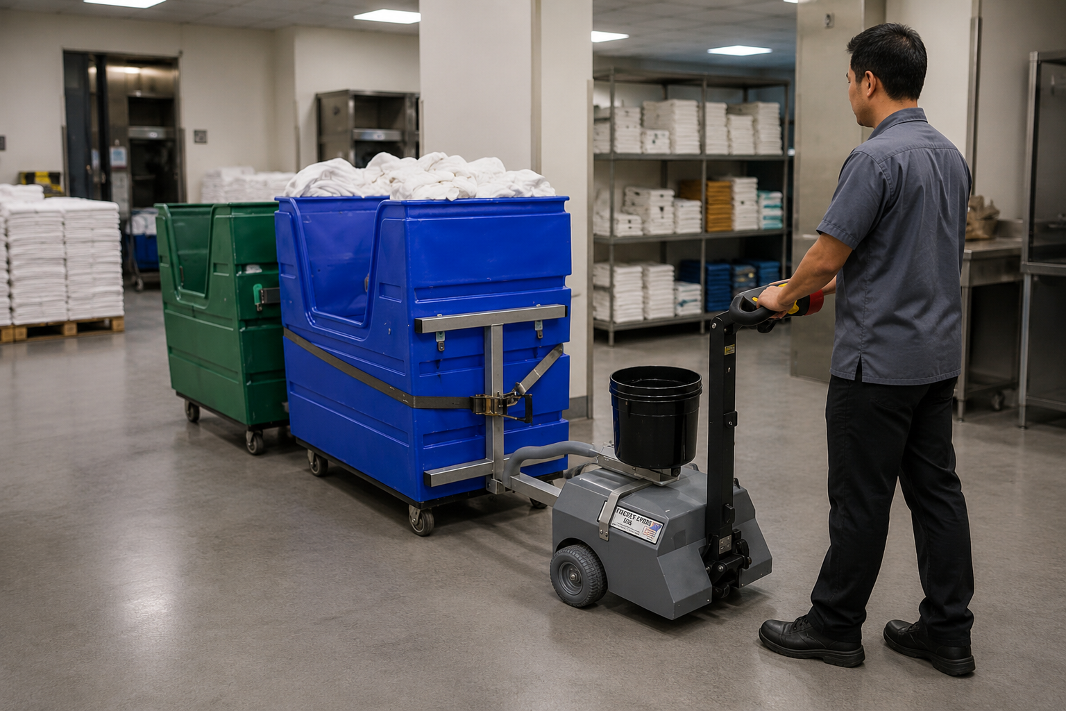 Walk-behind electric tugger pulling a loaded linen cart in a healthcare laundry