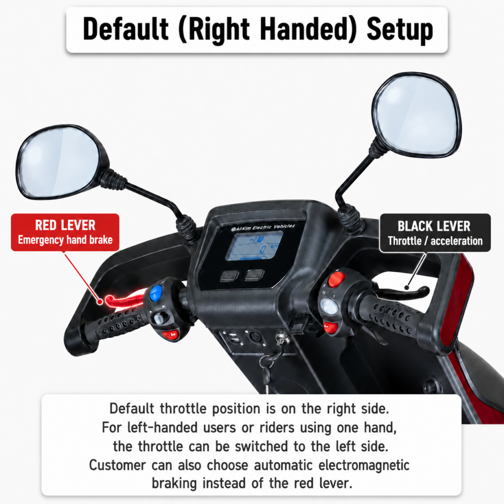 Afiscooter S tiller with the throttle lever on the right, the standard setup