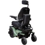 Axcel Narrow power wheelchair rear left view showing seating system and rear casters