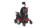 Merits Vector HD P323 power wheelchair rear three quarter view showing backpack storage
