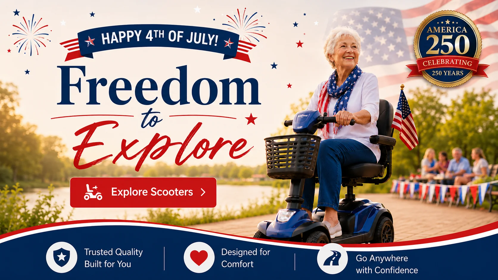 Happy 4th of July. Freedom to explore. Shop Heavy Duty Mobility Scooters.