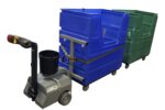Pony Express 1062-LS tugger strapped to a blue bulk laundry bin with a green bin in tow