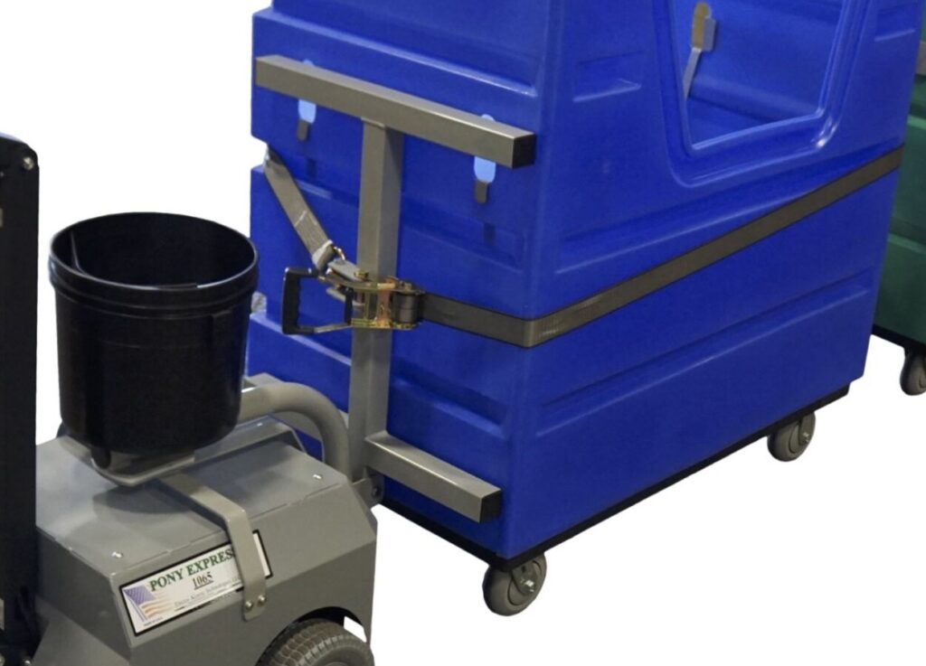 Pony Express bin to bin hitch clamp kit strapped to a blue laundry bin and connected to a Pony Express 1065 tugger