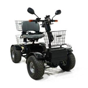 Cheetah Ninja all terrain mobility scooter front angle view with knobby turf tires