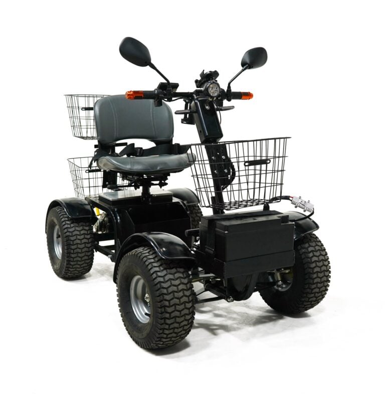 Cheetah Ninja all terrain mobility scooter front angle view with knobby turf tires