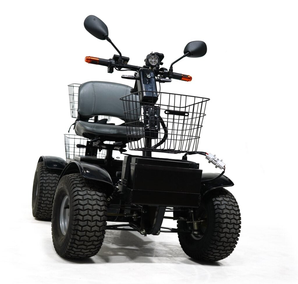 Cheetah Ninja all terrain mobility scooter front view with mirrors and baskets