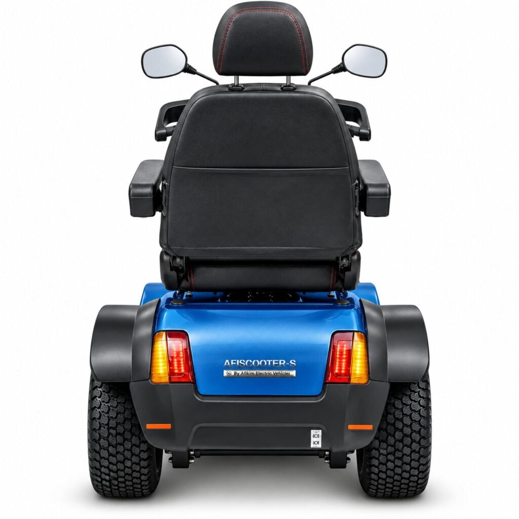 Back View of Blue Afiscooter S4 Mobility Scooter with Golf Tire