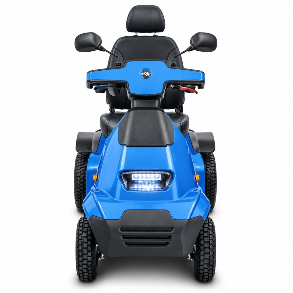 Front View of Blue Afiscooter S4 Mobility Scooter with Golf Tire