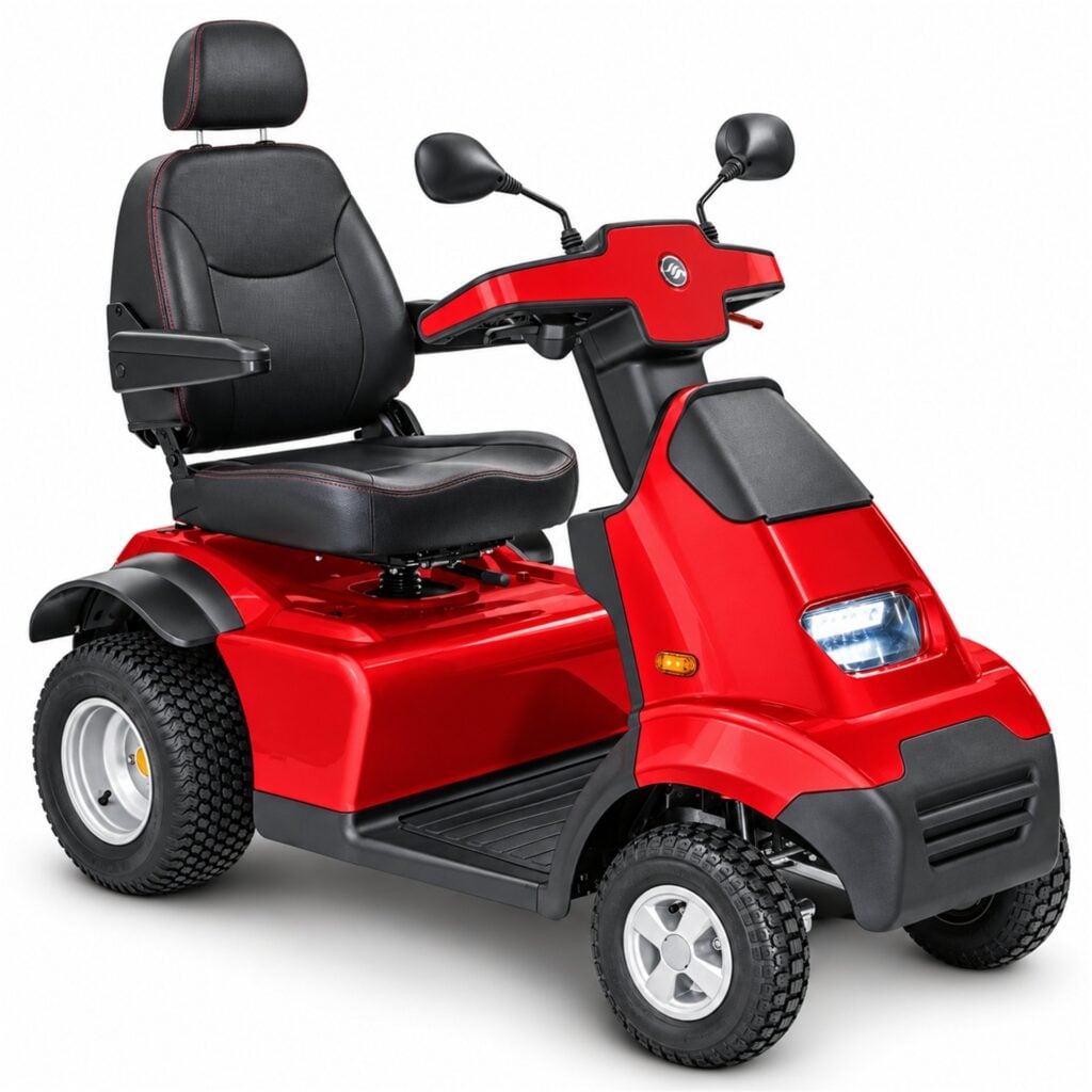 A bright red, four-wheeled mobility scooter with a comfortable black seat, armrests, and backrest. The scooter has rearview mirrors, a headlight, and a sturdy build suitable for outdoor use. It features large, rugged tires for stability on various terrains.