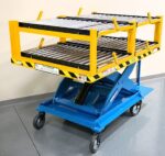 Pony Express gravity roller conveyor top with steel rollers and yellow side rails, shown fitted to a Pony Express electric scissor lift cart