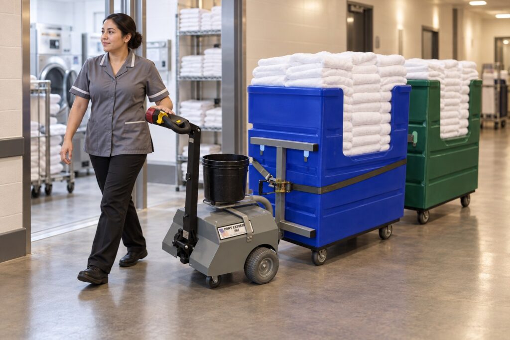 Housekeeping attendant walking a Pony Express 1062-LS laundry tugger that tows two bulk linen bins out of a hotel laundry room