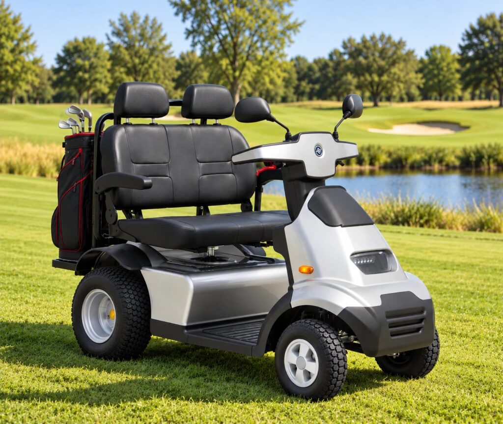 Silver Afiscooter S4 2-in-1 golf cart with the two person seat and a golf bag on a golf course