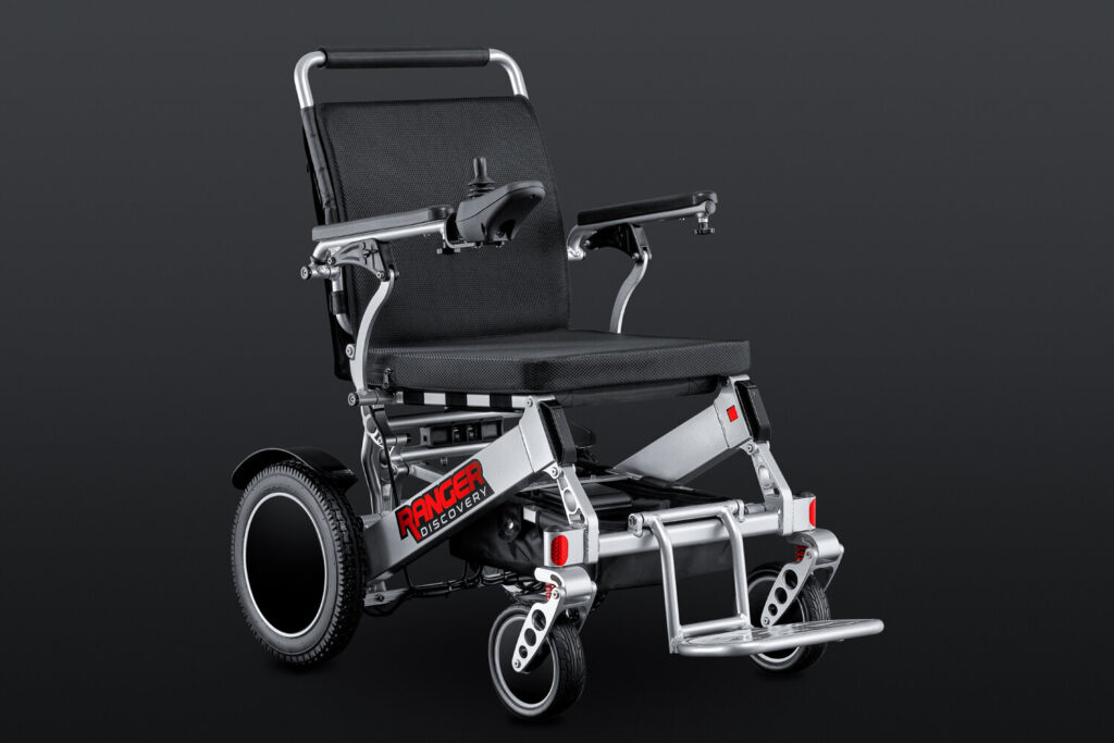 Porto Mobility Ranger Discovery folding power wheelchair, angled front view