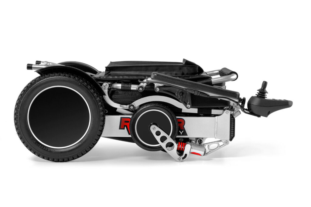 Porto Mobility Ranger Discovery XXL folding power wheelchair folded flat, side view