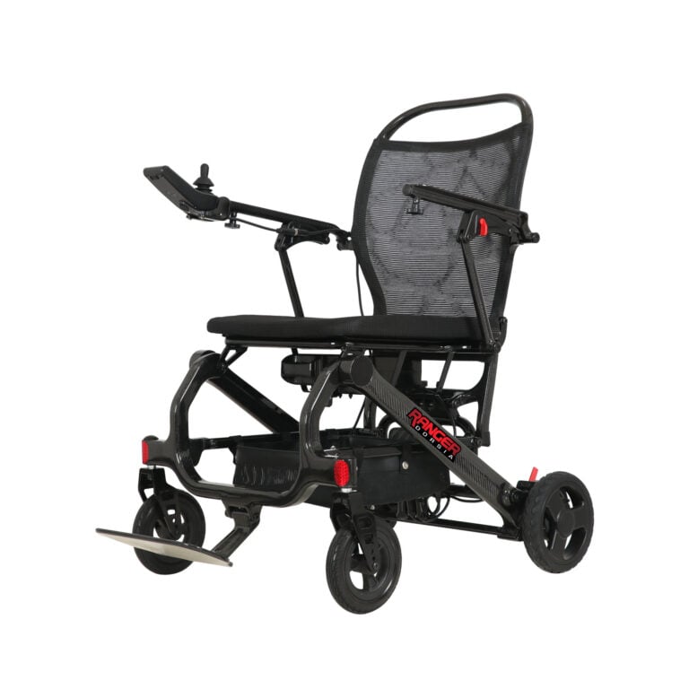 Porto Mobility Ranger Dorsia folding power wheelchair, angled front view