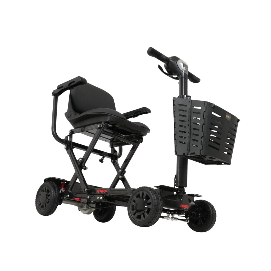 Porto Mobility Ranger Ivy scooter with front basket, low angled view