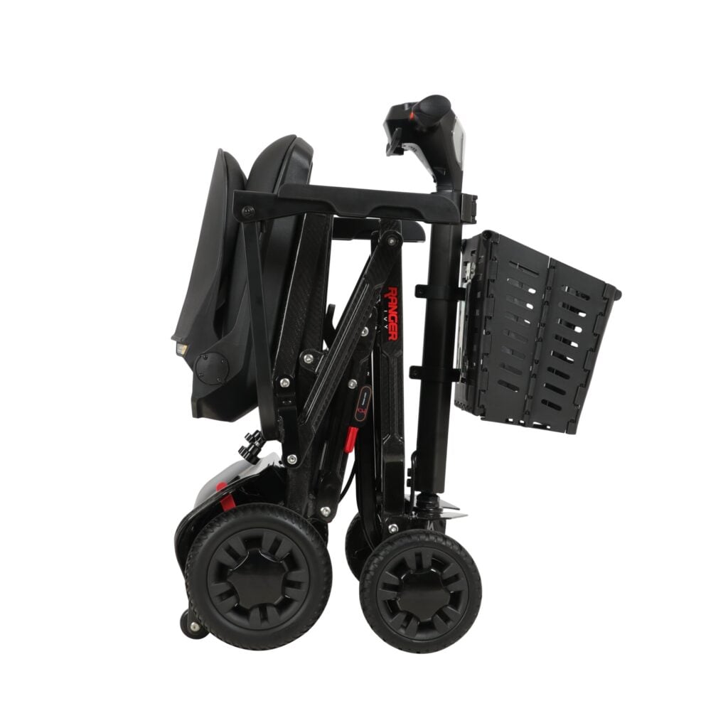 Porto Mobility Ranger Ivy scooter folded with front basket attached, side view