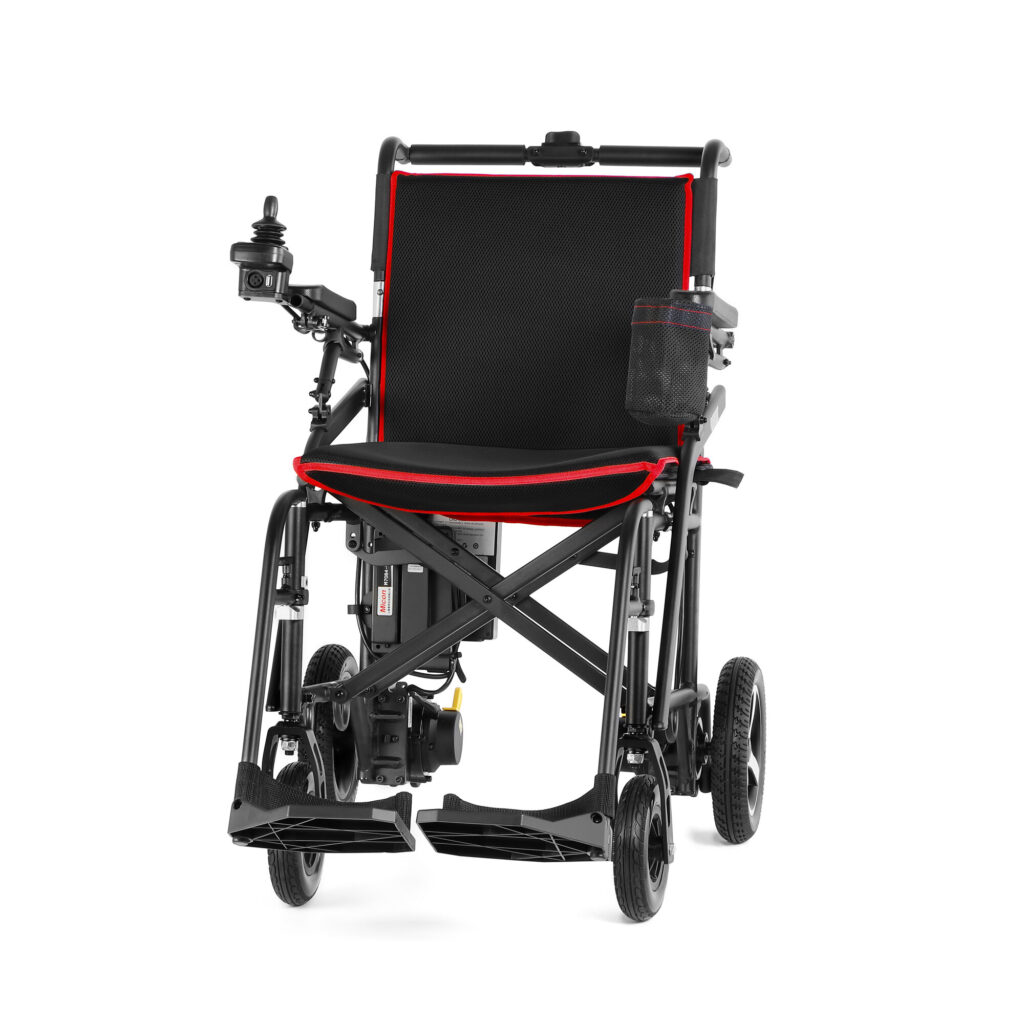Porto Mobility Ranger Skylight folding power wheelchair, front view with footrests down