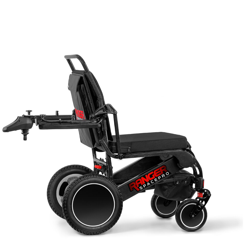 Porto Mobility Ranger SpacePro Recliner reclining folding power wheelchair, side view with the joystick armrest swung back
