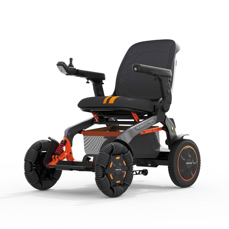 Robooter E60 Pro GT all terrain power wheelchair in gray, front three quarter view