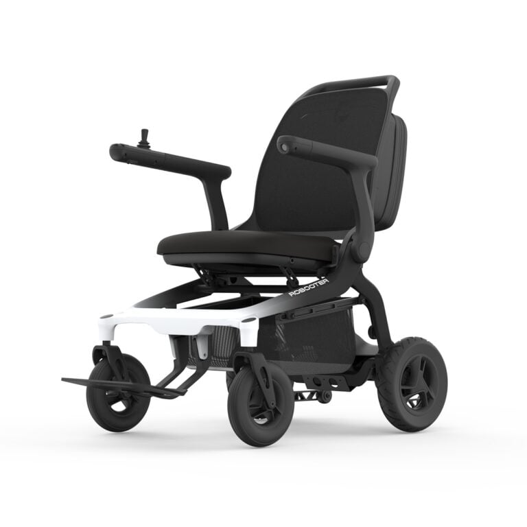 Robooter E80 carbon fiber power wheelchair in black, front three quarter view
